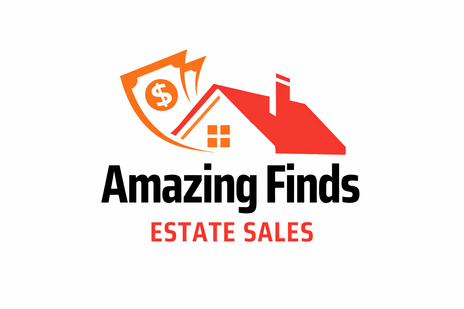 Amazing Finds Estate Sales logo featuring a red house roof and orange dollar sign.